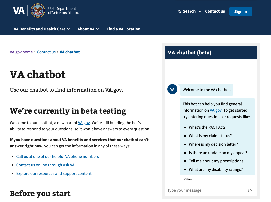 Dept. of Veterans Affairs Chatbot